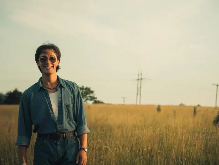 Smiling young man in a denim shirt standing in a wheat field