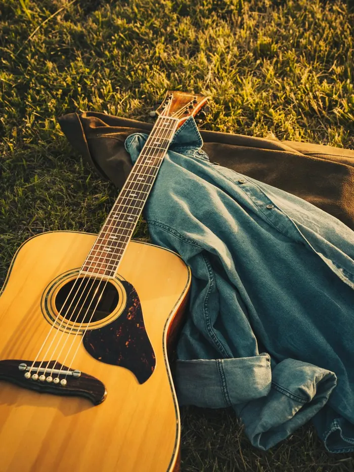 Acoustic guitar resting on a denim jacket in the grass